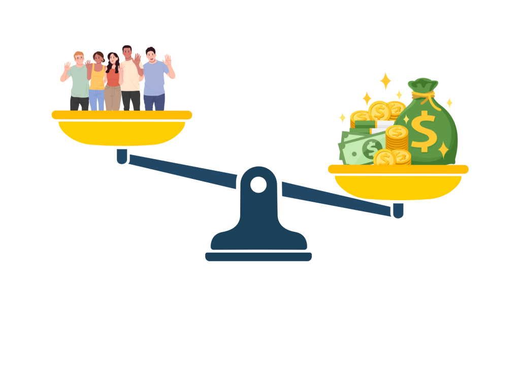 Weighing scales with employees and money being balanced against each other.